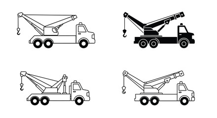 Simple black and white illustrations of tow trucks in various perspectives