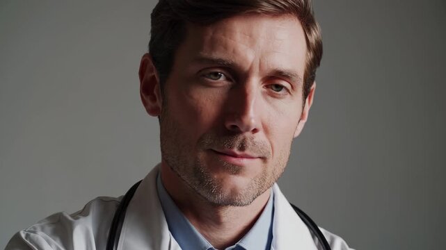 Closeup portrait of male doctor wearing coat and stethoscope in hospital. Health professional man standing inside clinic. Serious expression of doctor working in clean clinical space interior