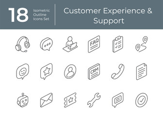 Isometric Customer Support and Experience Outline Icons Minimalist Vector Set for E-commerce and Digital Service Design