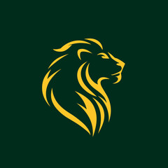 Golden lion head profile against dark green background
