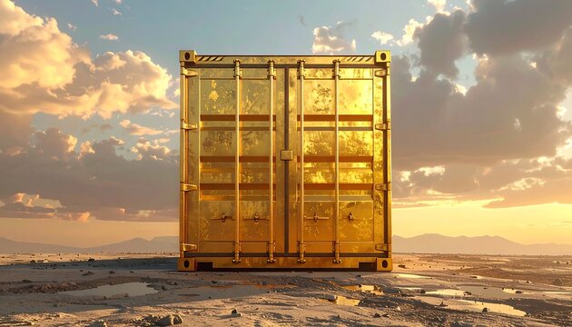 A gold-colored shipping container sits in a desert landscape with mountains and a cloudy sunset sky in the background - Powered by Adobe