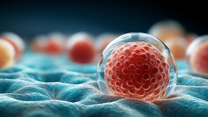 A single living cell with a visible nucleus floating in fluid symbolizes origin of life and cellular intelligence guiding growth research and biotechnology
