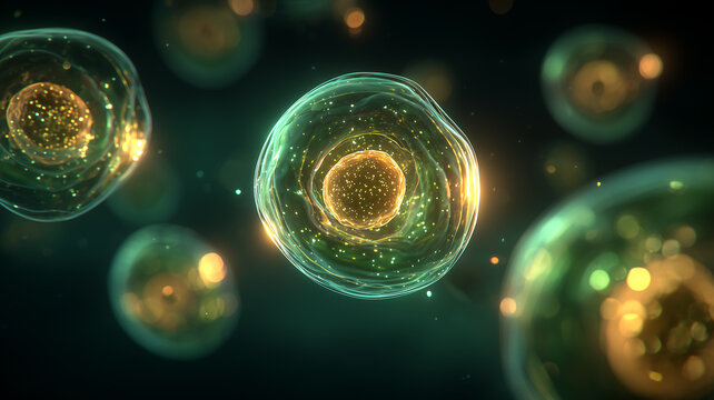Single living cell with visible nucleus illustrating cellular organization and the fundamental blueprint of life, conveying research discovery and the promise of biotechnology.
