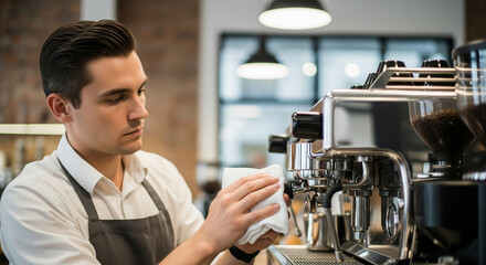 Two male baristas smiling and working together in a coffee shop, perfect for teamwork, small business ownership, and friendly customer service