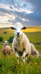 Fototapeta premium A close-up of a sheep in a field, with others in the distance, under a sunset sky