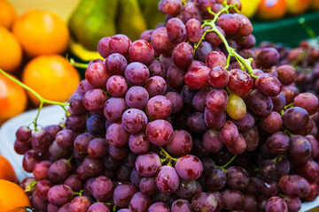 Fototapeta premium Large bunches of purple grapes on the counter in a store or market.