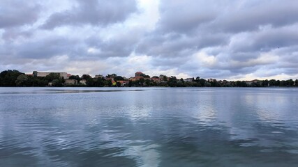 Straussee (lake Straus) and the town of Strausberg in the background. Federal state of Brandenburg. Germany.