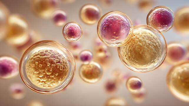 Lipid droplets and cells in suspension conveying metabolism research nutrition science and biochemical energy storage concept.
