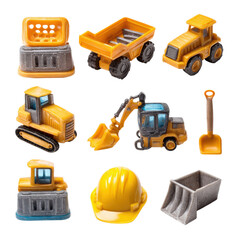 Fototapeta premium A collection of miniature construction vehicles and a hard hat arranged on a transparent background
