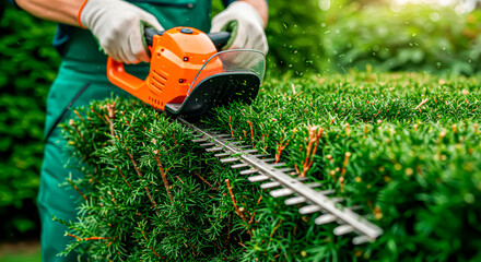 Clean lines of the garden: a master at work with a hedge trimmer