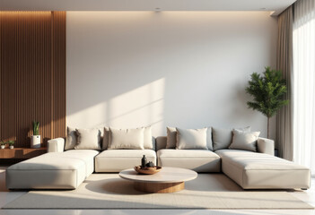 Contemporary interior design of the living room in soft neutral tones.