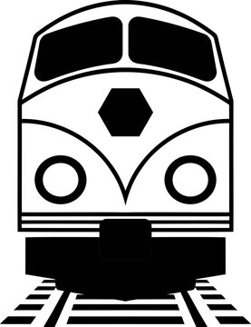 A black and white/transparent graphic of a train engine facing forward on the tracks with a hexagon shape on front
