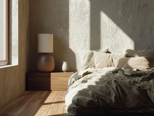 A bed with a lamp on a nightstand next to it