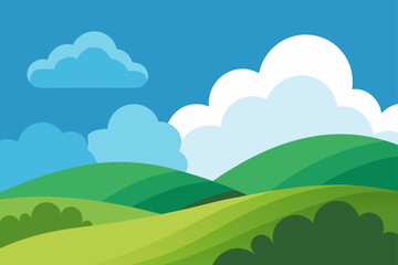 Fototapeta premium Cartoon landscape with hills and clouds in the sky