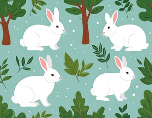 Cute white rabbits in a forest pattern