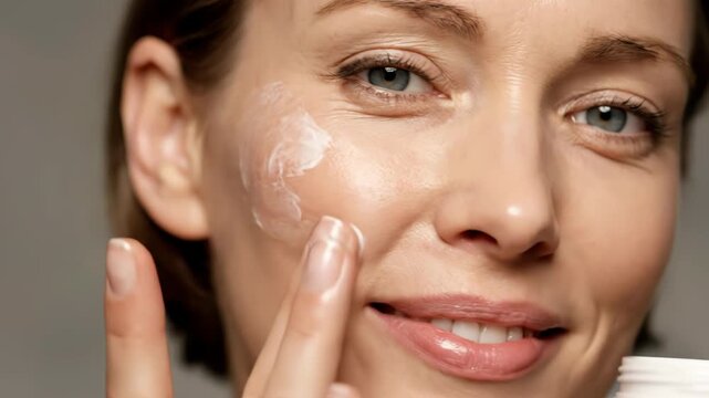 Woman applying eye cream, closeup of a smiling woman gently tapping moisturizer around her eye area for skincare vector illustration