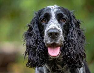 A close-up shot of a beautiful dog with black and white fur, a blurred green background