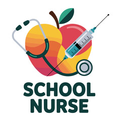 School Nurse Symbol with Apple Stethoscope and Syringe Keywords: school nurse, healthcare, medical, apple, fruit, stethoscope, medical instrument, syringe, needle, injection, medicine, health