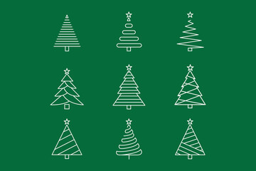 Nine stylized white Christmas tree illustrations arranged on a green background.
