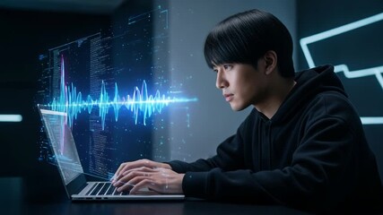 Young asian male programmer in a hoodie working on a laptop, with vibrant sound wave visualization and coding interface, illustrating modern technology and digital creativity - Powered by Adobe