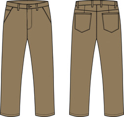 Men pants illustration, technical fashion flat, straight leg design, button closure, belt loops, side pockets, patch back pockets, garment construction