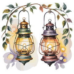 Two vintage oil lanterns hanging from a leafy branch with watercolor splashes oil lamp antique