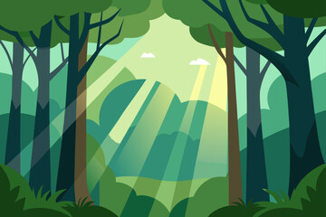 Obraz premium Sunlight filtering through trees in a forest scene