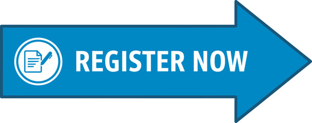 Register now banner with direction arrow and paper icon sign