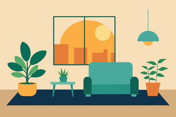 Living room interior with plants and city view art