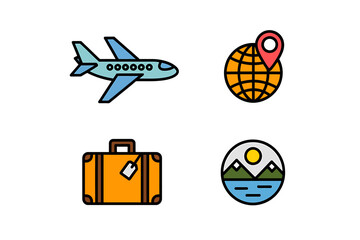 Travel icons representing airplane global destination luggage and natural landscape ideal for vacation planning and tourism promotion