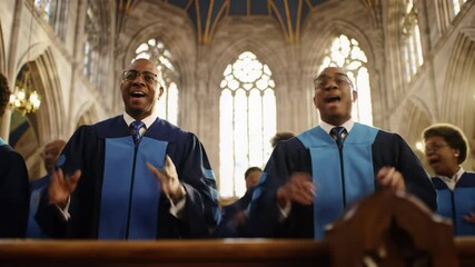 joyful african american gospel choir in dark blue robes sings passionately in a grand church, golden hour light, dolly zoom into ecstatic faces. christian worship and praise atmosphere - Powered by Adobe