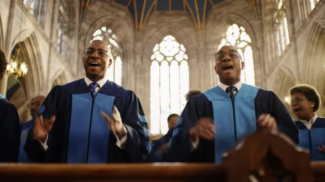 joyful african american gospel choir in dark blue robes sings passionately in a grand church, golden hour light, dolly zoom into ecstatic faces. christian worship and praise atmosphere