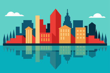 Obraz premium Cityscape with reflections on the water and clouds