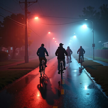 Group of teenagers riding bicycles at night on a wet suburban street, cinematic moody lighting with red and blue glow, nostalgic retro scene in the Stranger Things aesthetic