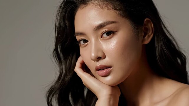 A beautiful young asian woman with flawless, glowing skin and wavy dark hair, looking at the camera vector illustration