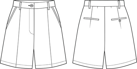 Men shorts illustration, technical fashion flat, tailored design, waistband with belt loops, button closure, welt back pockets, structured casual wear