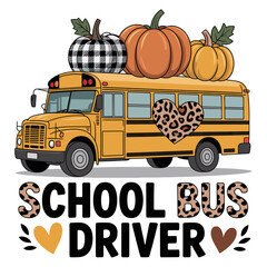 Yellow School Bus Decorated with Pumpkins and Leopard Print Heart for Bus Driver yellow bus autumn