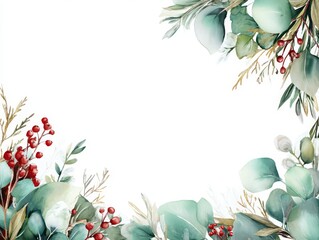 Elegant watercolor Christmas themed corner border with eucalyptus branches, holly berries, pine needles, cotton balls