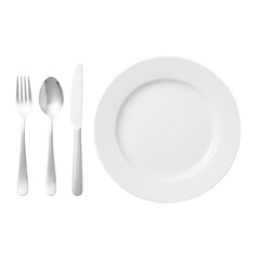Elegant arrangement showcasing a pristine white plate with silverware on transparent scene