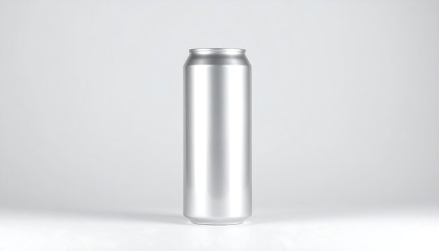 A sleek, tall aluminum beverage container against a soft, plain white backdrop, showcasing its cylindrical form and metallic sheen