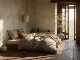 A bedroom with a bed, a lamp, and a potted plant