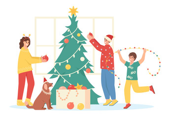 Younge couple of man and woman with child and dog decorating Christmas tree. Happy family celebrating Christmas or New Year. Winter holidays concept. Flat characters vector illustration.