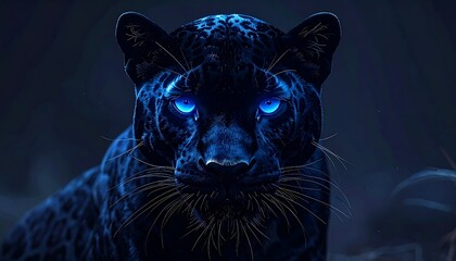 A majestic black panther emerges from the shadows. Intense blue eyes pierce the darkness, captivating the viewer