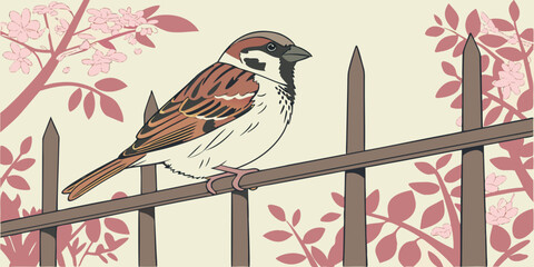 A small house sparrow resting on an iron fence with a softly blurred natural pink background.