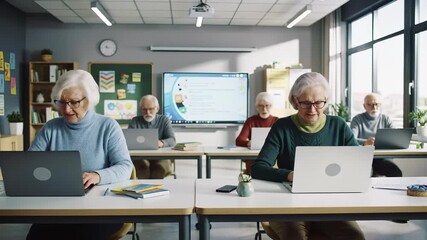 Students use technology for data analysis. Classroom filled with digital screens showing finance diagrams. Education uses data tools, technology, and finance apps for deeper chart and data learning - Powered by Adobe