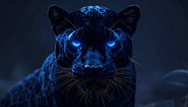 A majestic black panther emerges from the shadows. Intense blue eyes pierce the darkness, captivating the viewer
