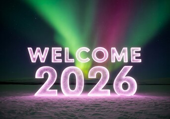 Welcome 2026: Vibrant Northern Lights Illuminate Snowy Landscape with Glowing Neon Text, Symbolizing Hope, Renewal, and Celebration.