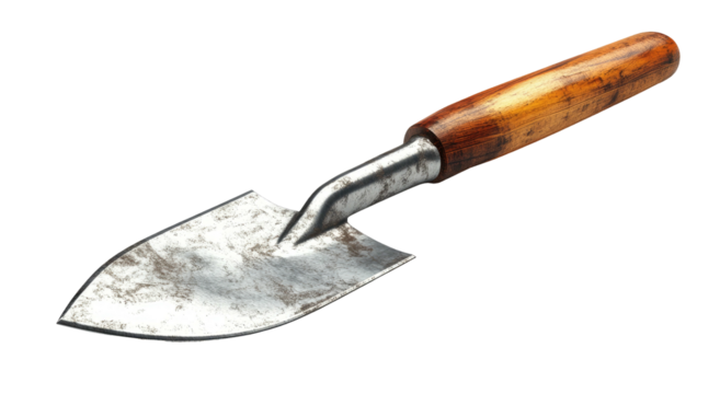 Small trowel with aged metal and wooden handle on black backdrop