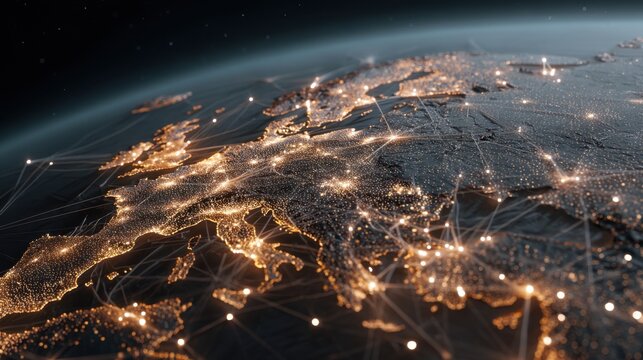 Global network with glowing cities on planet earth. Digital map of world showing communication and travel routes. AI and business connection concept. - Powered by Adobe