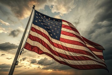 American flag waving majestically against a dramatic stormy sky